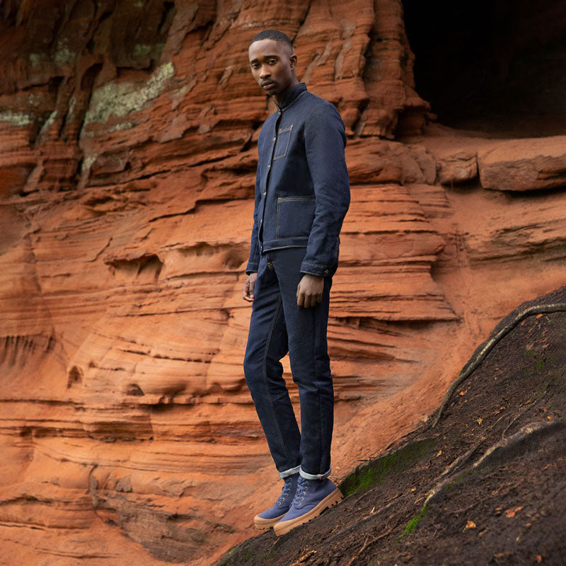 Campagne Denim Lin silhouette homme veste et jeans coupe droite fabriqués en France