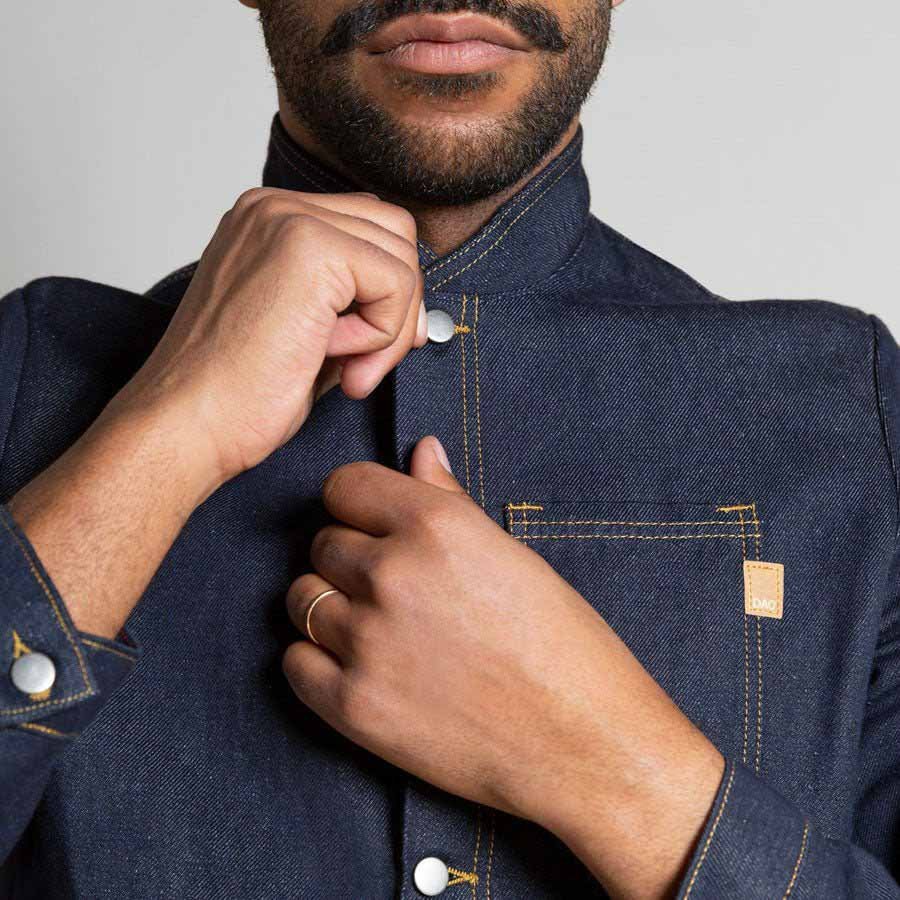 Detail col veste pour homme en jeans brut Dao en lin fabrication française