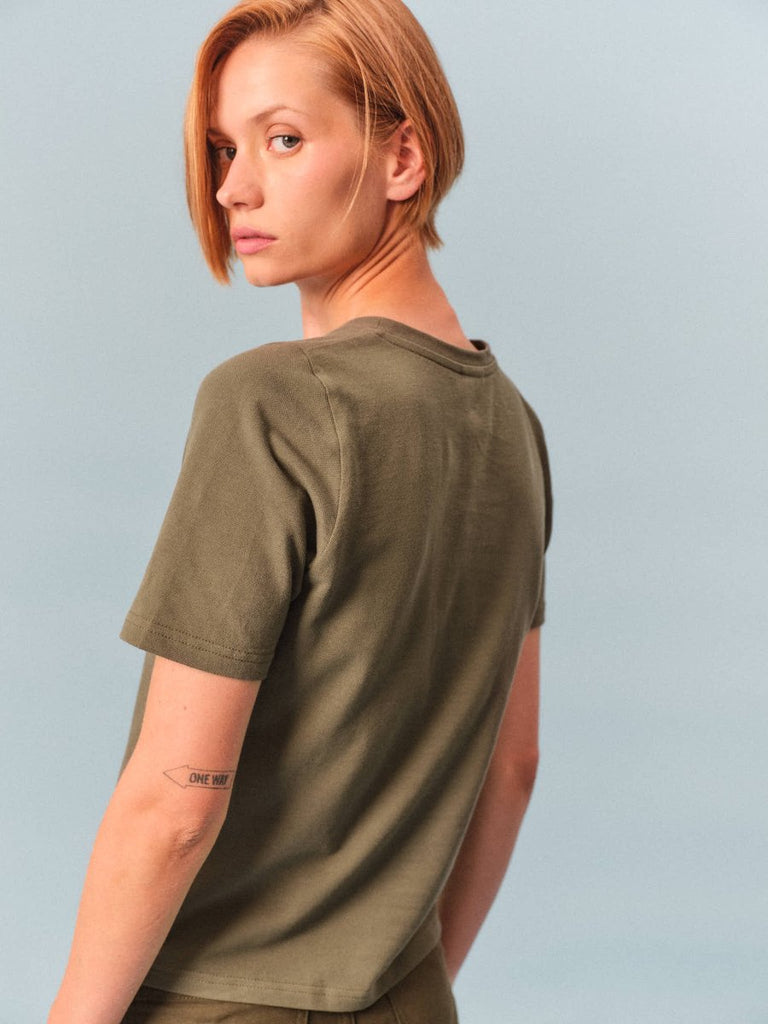 T-shirt femme col rond manches courtes maille piquee coton bio kaki adele dos made in france