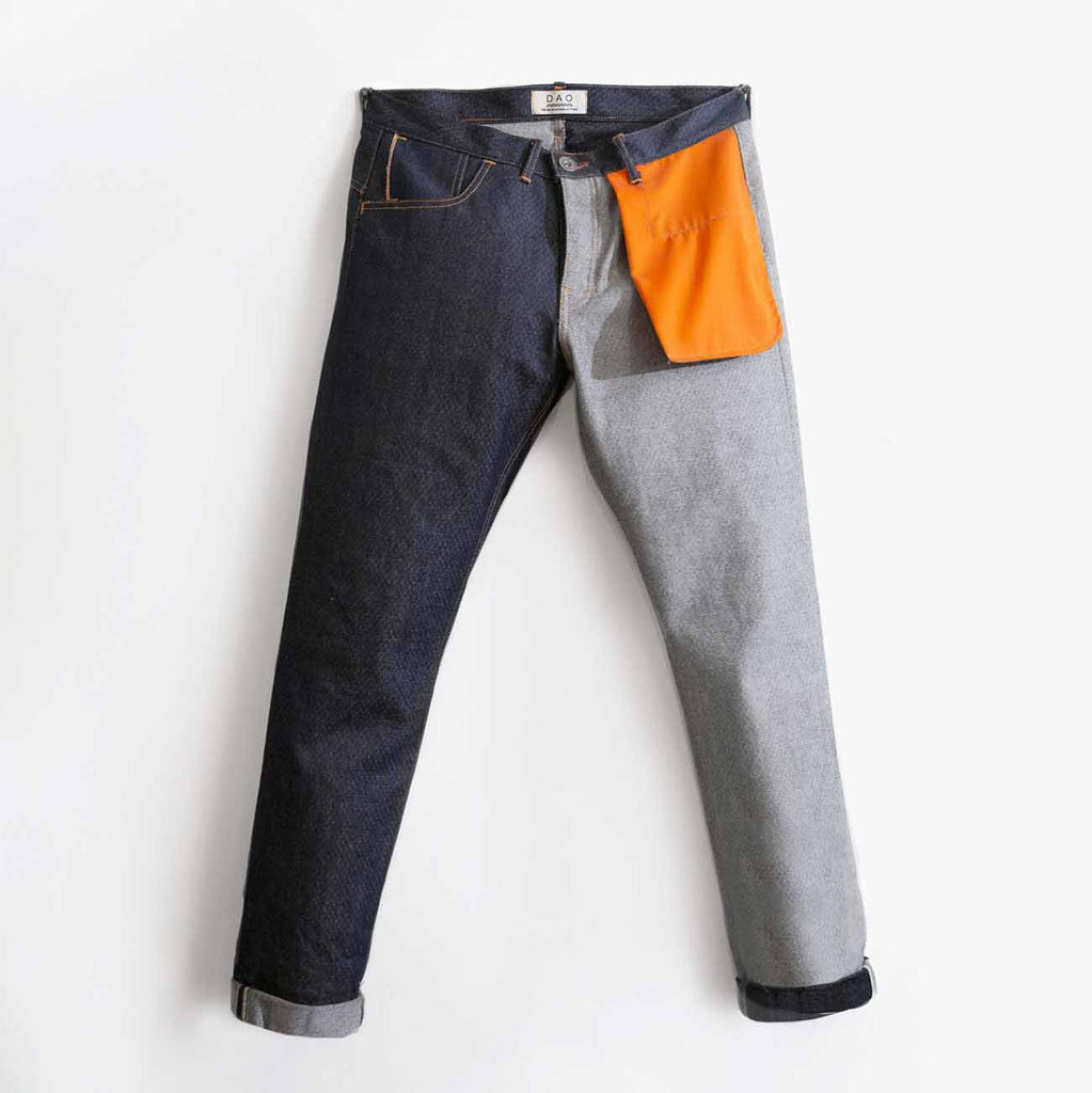 Prototype de jeans Fabriqués en France par Davy Dao. Jeans selvedge 14.oz avec couture et doublure de poche orange, fabriqué à Nancy, France.