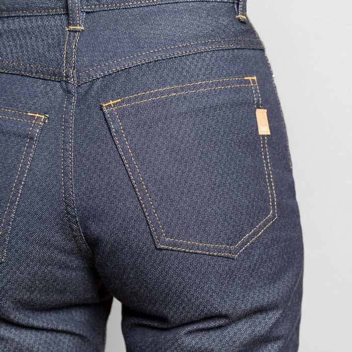 Detail dos jeans selvedge dao femme brut taille haute 14oz chevron eco responsable
