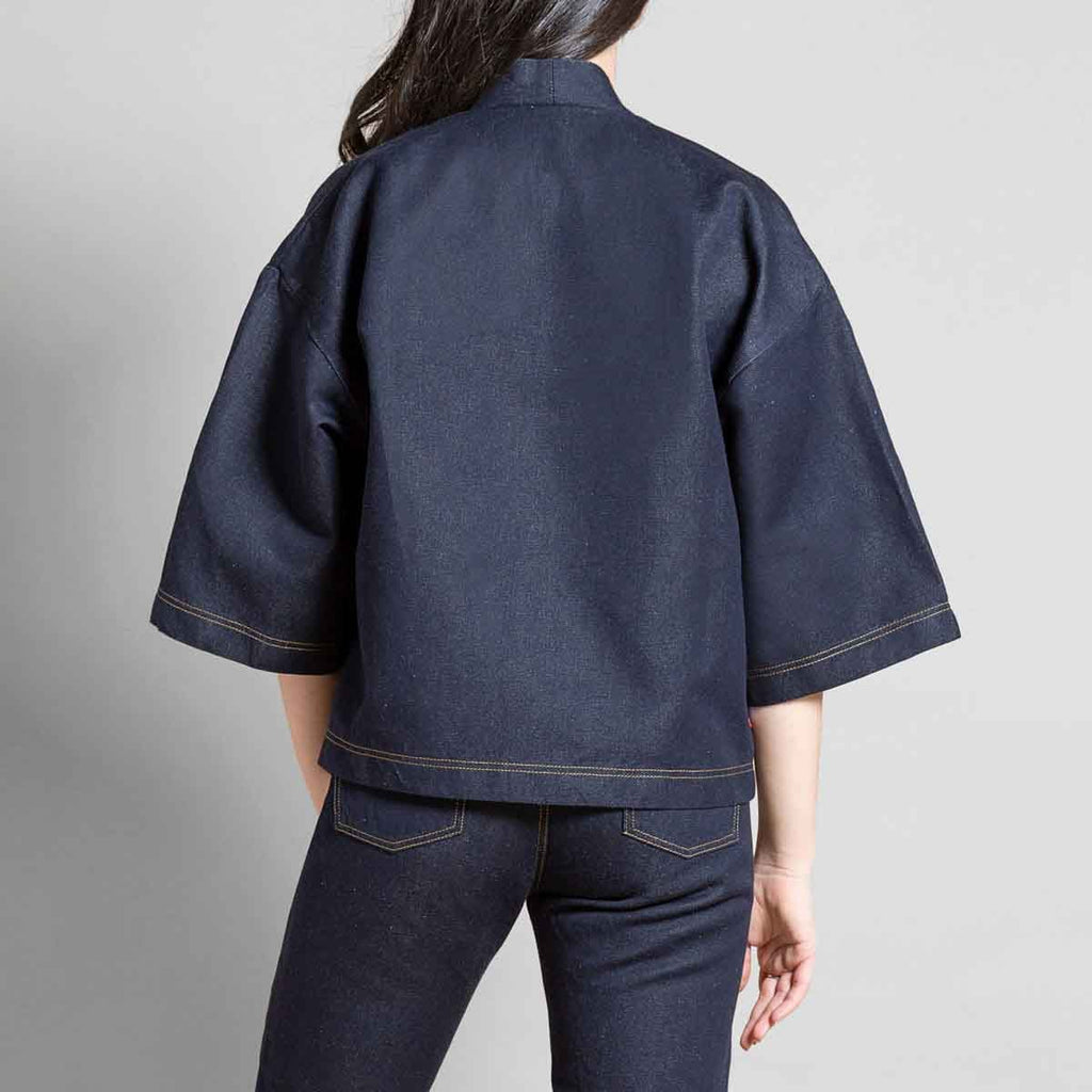 Vue de dos veste kimono jeans lin unisexe ample de qualité
