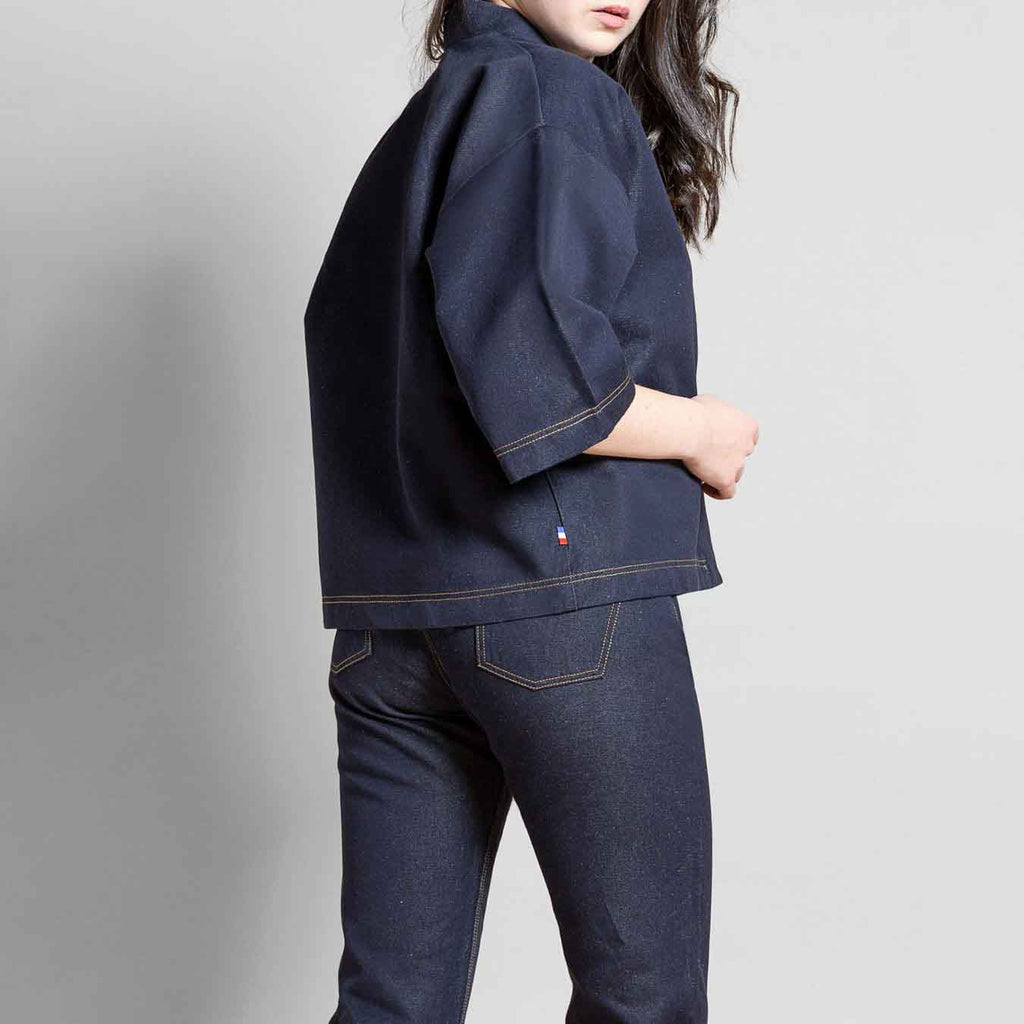 Vue de profil veste kimono jeans lin homme femme oversize fabrication française
